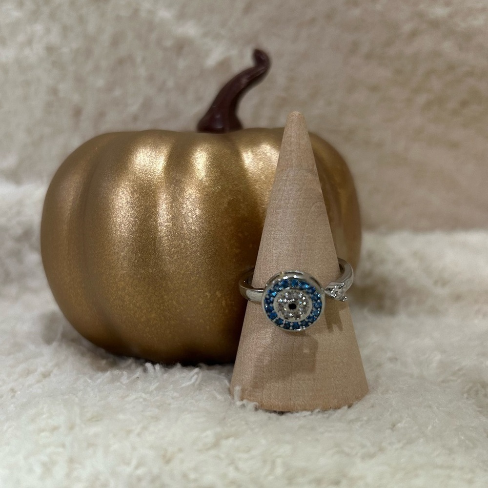 SILVER-TONE LUCKY EVIL EYE FIDGET SPINNER CUBIC ZIRCONIA RING- OS-NWOT